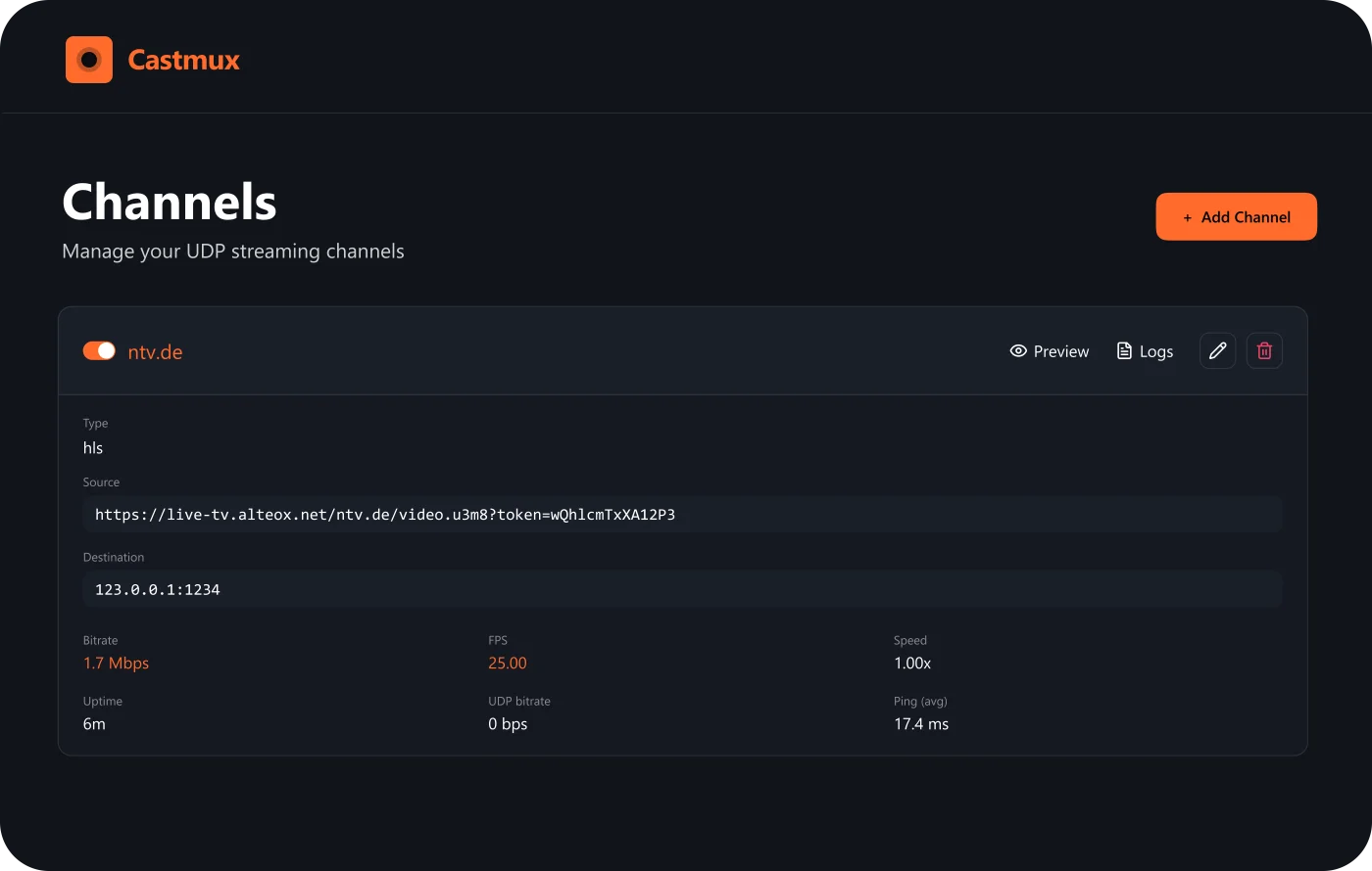 Channel management screen: one card per channel with source, destination, live bitrate, uptime and viewer count.
